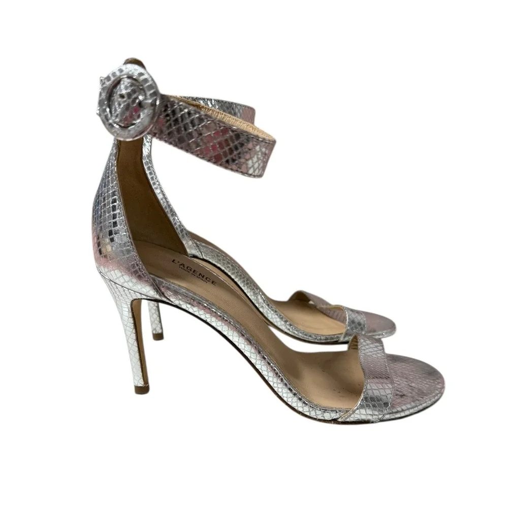 L'AGENCE Gisele II Heel Snakeskin Print Ankle Strap Silver Sandals Size 38 EUC